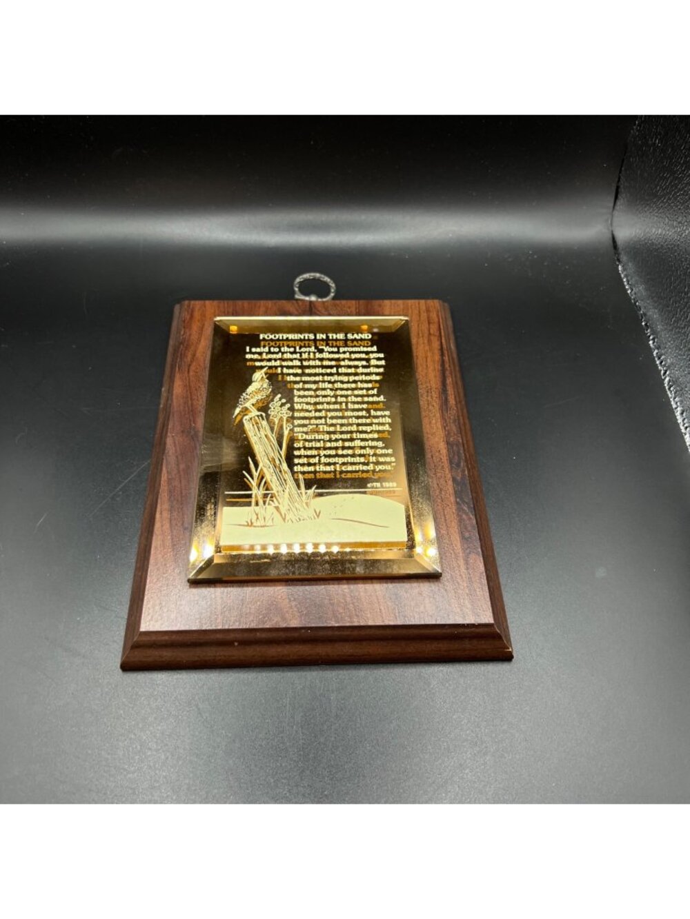 Footprints In The Sand GoldTone Engraved Wall Plaque Wood Base Vintage Jesus1989